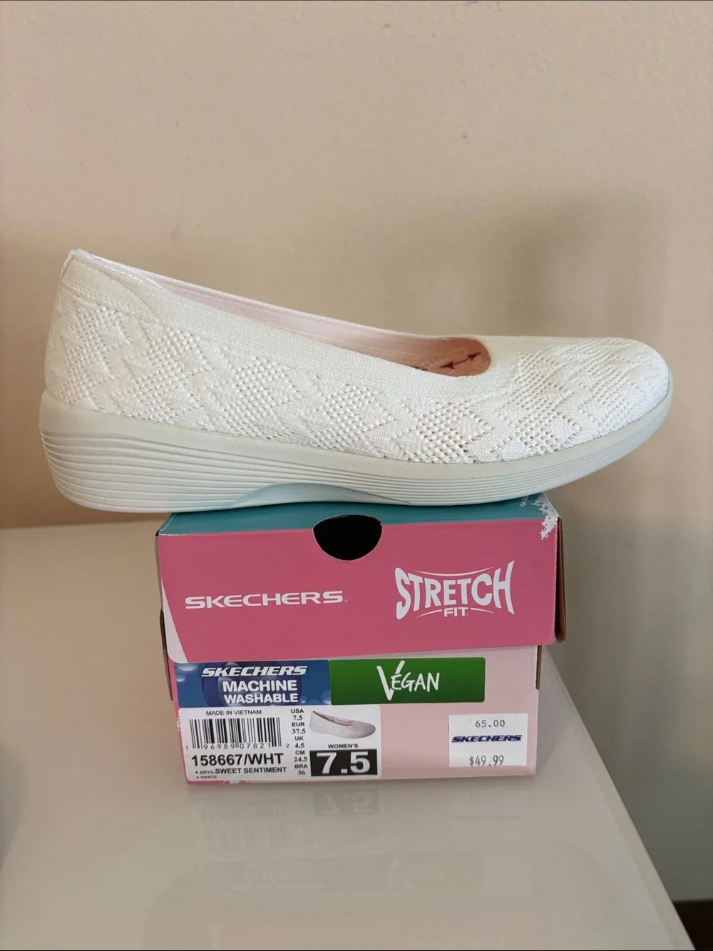 Skechers White Knit Slip-On Stretch Fit Ballet Flat